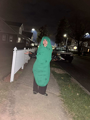 person standing in pickle costume